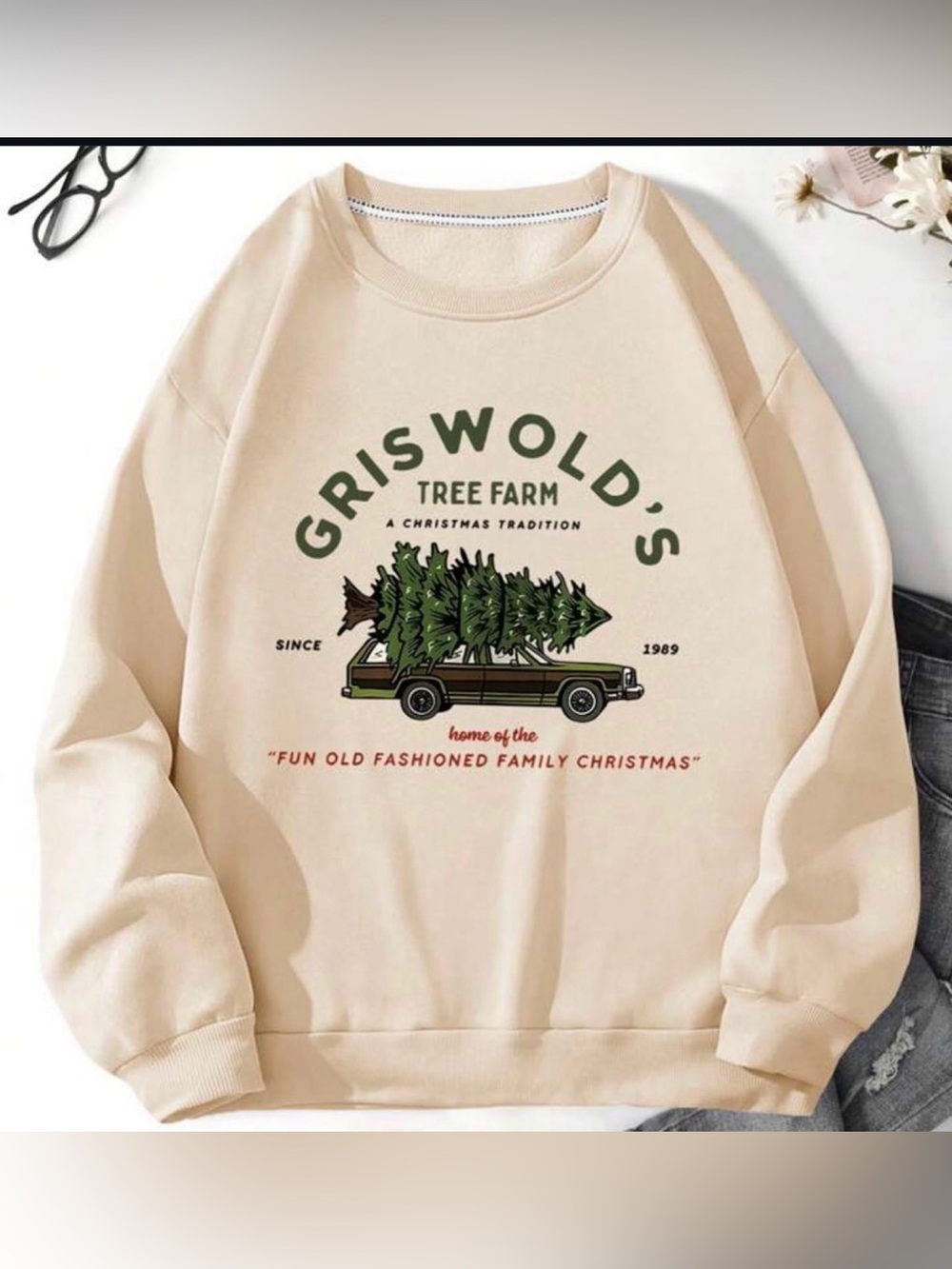 Griswold's Tree Farm Beige khaki tan Christmas Graphic Sweatshirt